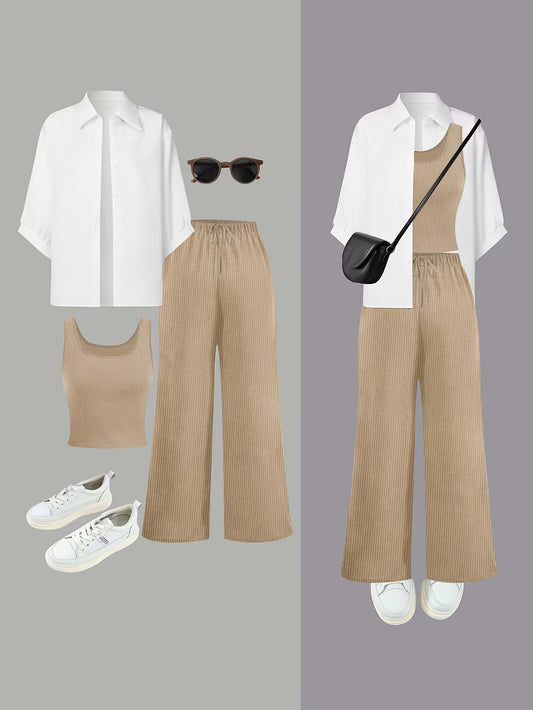 DIYOVA 3pcs Elegant Women'S Outfit Set - Polyester Knit Fabric, Lapel Collar Shirt, Solid Color Tank Top, Wide Leg Pants, Button Details